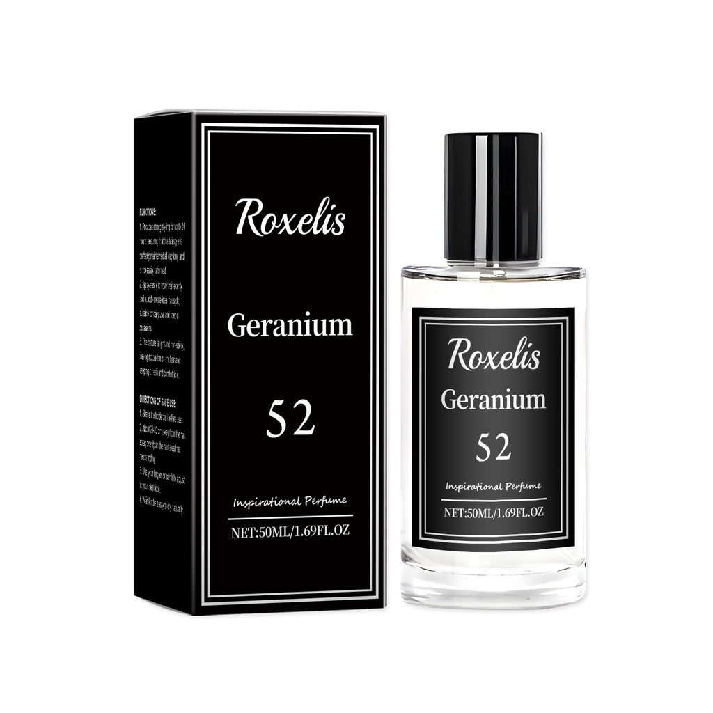 Roxelis Geranium 52 perfume bottle and packaging on a white background